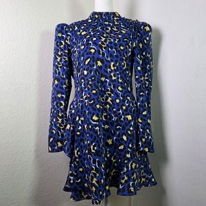 Rahi Sophie Blue Leopard Print Long Sleeve Mini Dress L Puff Shoulder Mock Neck